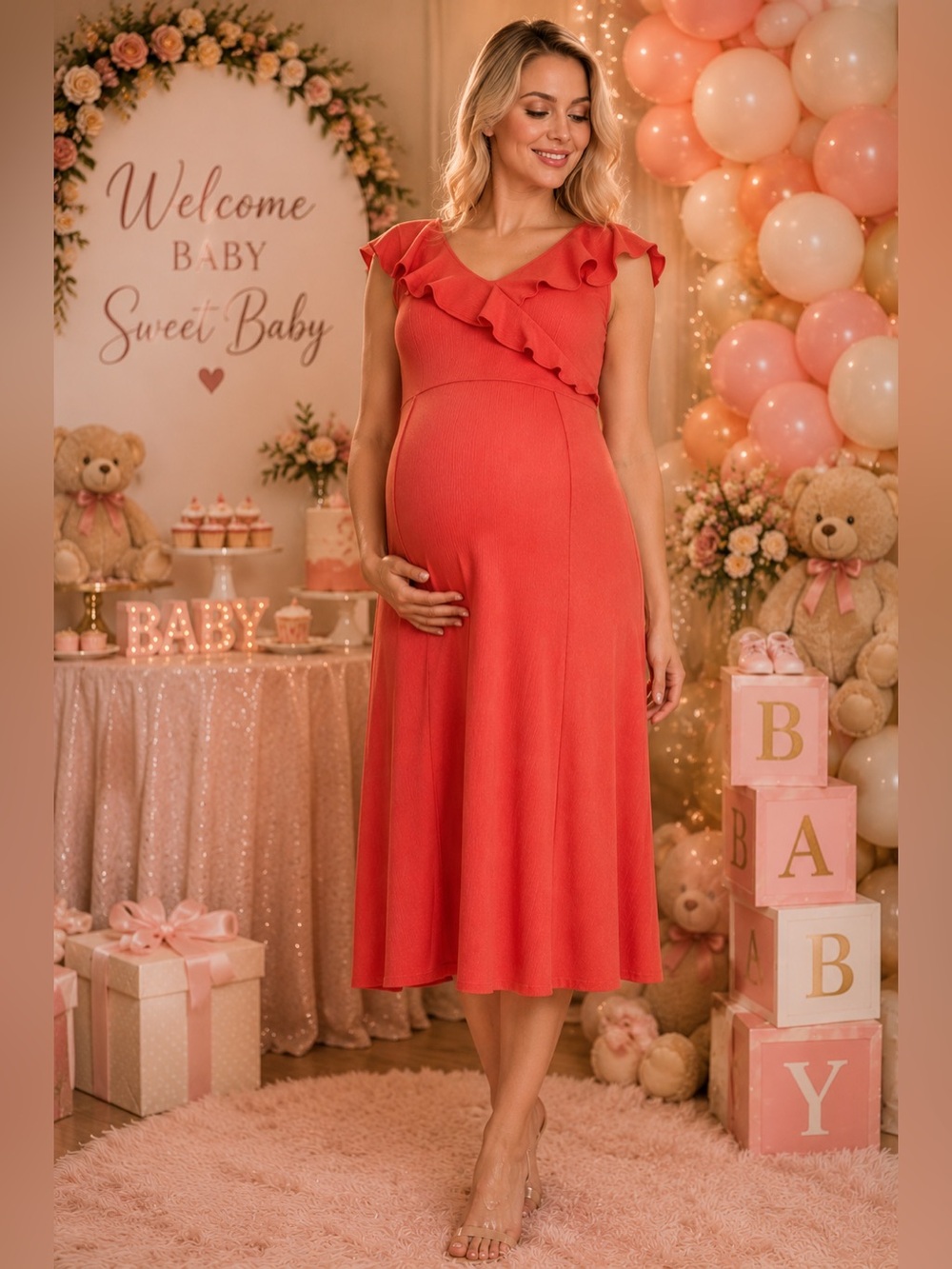 XXL Flutter Sleeve Knit MIDI Maternity Dress - Isabel : V Neck, Empire Waist